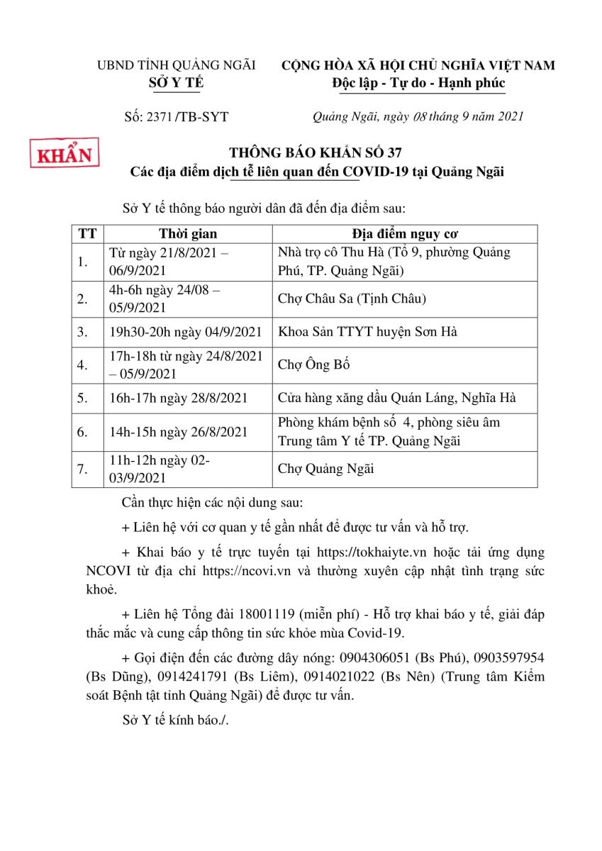 Sở Y tế Quảng Ngãi: Thông báo khẩn số 37