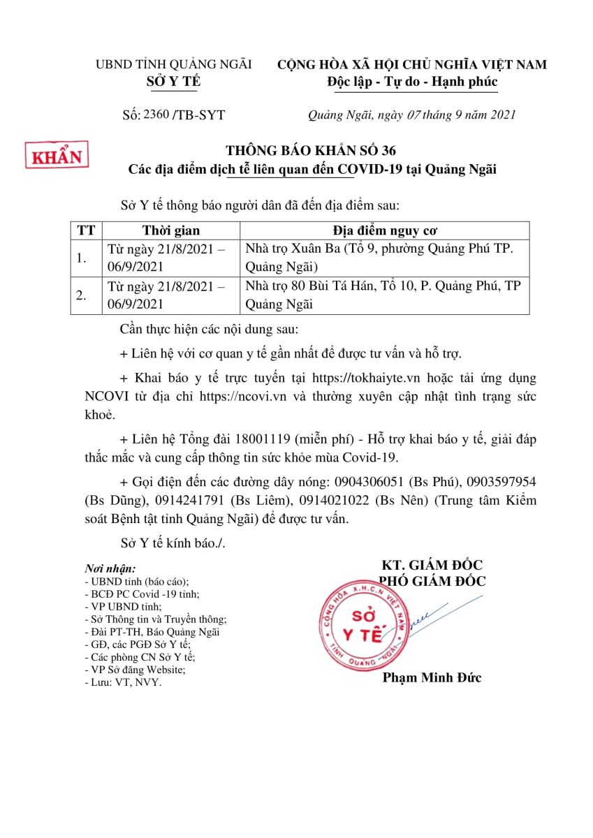 Sở Y tế Quảng Ngãi: Thông báo khẩn số 36