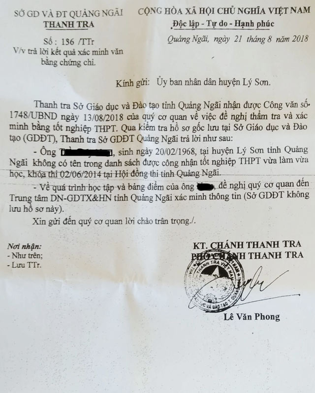 Quảng Ngãi: 5 cán bộ, lãnh đạo ở cùng một xã sử dụng bằng giả