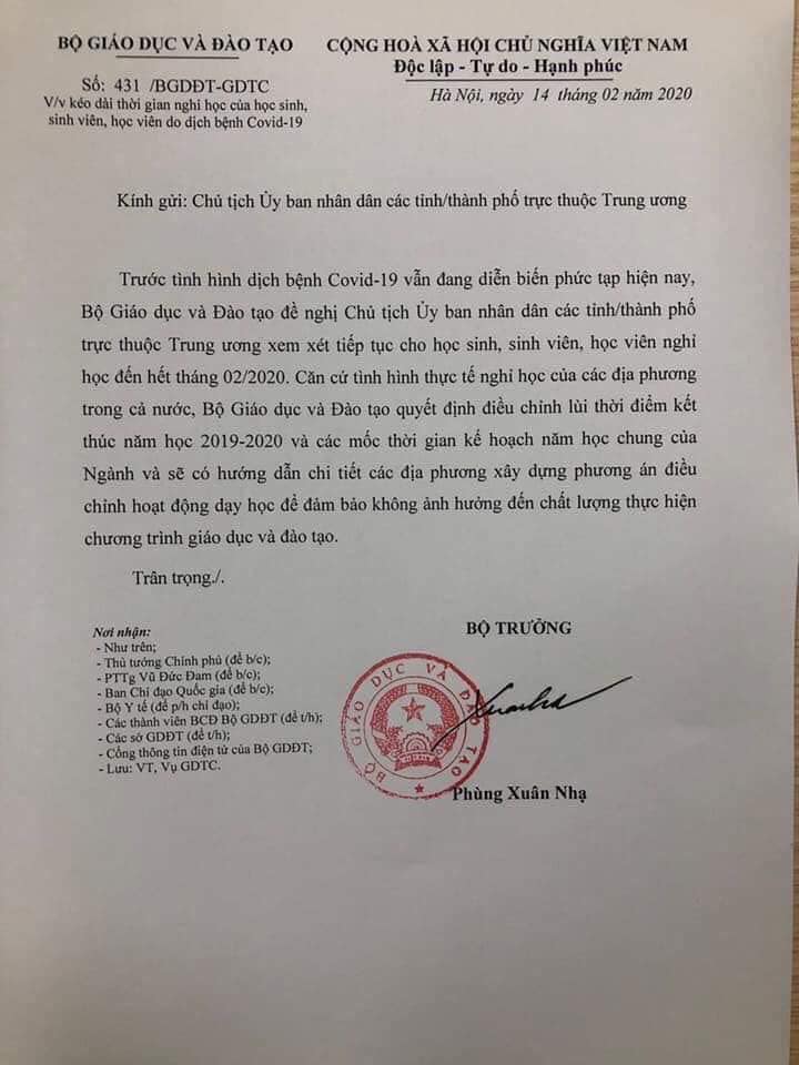 BỘ GD-ĐT ĐỀ NGHỊ CÁC ĐỊA PHƯƠNG XEM XÉT CHO HỌC SINH NGHỈ HỌC ĐẾN HẾT THÁNG 2