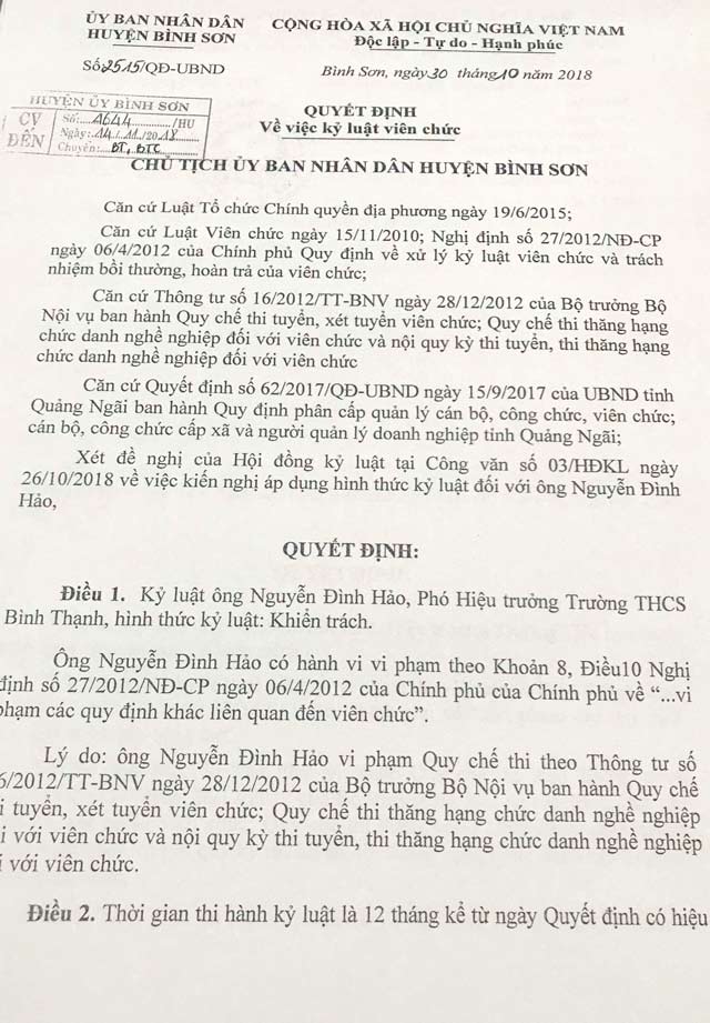 Bình  Sơn:Kỷ luật hàng loạt cán bộ vụ "từ rớt thành thủ khoa"