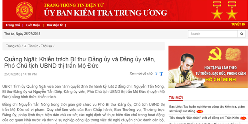 Quảng Ngãi: Khiển trách Bí thư Đảng ủy và Đảng ủy viên, Phó Chủ tịch UBND thị trấn Mộ Đức